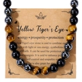Handmade tiger eye and hematite beaded necklace on a brown Kraft card display - Large Bead Tiger Eye Necklace