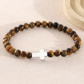Pulsera de cuentas de ojo de tigre para hombre con cruz de acero inoxidable plateado - Cuentas de 6mm (NAM01-9) / Ojo de Tigre Amarillo