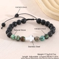 Adjustable natural green turquoise and black lava stone bead bracelet with steel cross - Lava Stone African Turquoise Style (NAM03-8) / 8mm/29cm