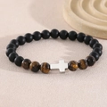 Elastic beaded bracelet with matte black onyx, tiger eye stones, and a silver cross charm - 8mm Stainless Steel Cross (20cm) / Matte Black Glass & Yellow Tiger Eye (NAM04-5)