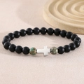 Matte black beaded cross bracelet with natural turquoise and tiger eye stone accents - 8mm Stainless Steel Cross (20cm) / Matte Black Glass & African Turquoise (NAM04-6)