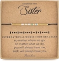 Detail of Morse code bracelet on 'Sister' gift card with turquoise and gold beads - Sister Style