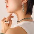 Silver tank chain jewelry set with square green zircon necklace earrings and ring - F640-Silver Color Green Zirconia Earrings