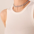 Silver link choker necklace with square clear zircons on model neck and white tank top - White Zirconia Necklace (P256) / 35+5CM / Steel