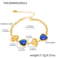 Pulsera de acero de titanio dorado con corazones de cristal azul oscuro y cierre de langosta - Pulsera de piedra de vidrio azul dorado