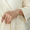 Baroque freshwater pearl bracelet with heart charm and gold-toned square zircon ring - 17+5cm
