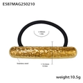 Golden hammered stainless steel hair tie with minimalist metal tube and black elastic band - Gold Hammered Tube Style (E587)