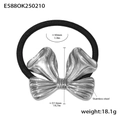 Black high-elastic hair tie with silver stainless steel textured bow pendant - Steel Brushed Bowknot Style (E588)