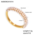 Bague en acier titane doré ornée de trois rangées de perles et de zircons verts - Taille 6 / Or Incrusté de Perle Artificielle (A680)
