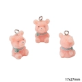 Pink flocked bear charms with green scarves for DIY jewelry making, 17x27mm size - Little Bear (17x27mm) (1 Piece/Pack)