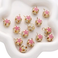 Pink and white enamel flower cloisonne beads with gold hollow metal for DIY jewelry making - 5 Pieces / 14mm / Pink