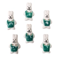 Set of 6 cute white rabbit ceramic beads with green aprons for DIY jewelry making - Rabbit in Green Dress Style (#16)
