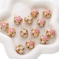 Pink and white enamel flower hollow bead charm with gold plating for DIY jewelry making - 5 Pieces / 18mm / Pink