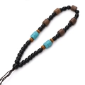 Handcrafted woven cord lanyard with black beads, wood cylinders and turquoise accents - Style #15 (12-14cm)
