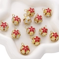 Hollow gold flower charm bell with red and white floral patterns for jewelry making - 5 Pieces / 18mm / Red