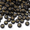 Perles rondes noires en acrylique avec lettre E dorée pour création de bijoux DIY - Lettre E / 4x7mm (50 Pièces/Paquet) / Noir avec texte doré