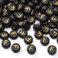 Perle de lettre F noire ronde et plate en acrylique avec gravure dorée pour bijoux DIY - Lettre F / 4x7mm (50 Pièces/Paquet) / Noir avec texte doré