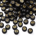 Perles rondes noires en acrylique avec lettre G dorée pour bijoux faits main - Lettre G / 4x7mm (50 Pièces/Paquet) / Noir avec texte doré