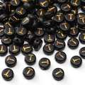 Perles rondes plates en acrylique noir avec lettre T dorée pour bijoux DIY - Lettre T / 4x7mm (50 Pièces/Paquet) / Noir avec texte doré