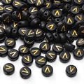 Perles rondes plates noires en acrylique avec lettre V dorée pour création de bijoux - Lettre V / 4x7mm (50 Pièces/Paquet) / Noir avec texte doré
