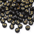 Perle ronde noire en acrylique avec lettre Z dorée gravée pour bijoux DIY - Lettre Z / 4x7mm (50 Pièces/Paquet) / Noir avec texte doré