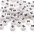 White circular ceramic beads with black letter H for DIY jewelry and bracelets - 8x4mm (1.5mm Hole) - 5 Pieces/Pack / Letter H
