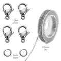 Set de joyería DIY plateado con cierres de langosta 12mm y cadena de eslabones 3M - Cierre de Langosta + Anillo Abierto + Cadena de Palabras (Blanco K) / 1 Set (3m Cadena + 10 Cierres + 30 Anillos)