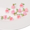 Pink lily of the valley acrylic flower charms with golden rings and green leaves, 10-piece set - Phantom Pink