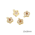 Four 13x16mm golden cherry blossom pendants with white enamel and red stone inlay - White Sakura (Aperture 1.5mm) / 1 Piece Per Pack