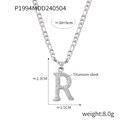 Silver titanium steel necklace featuring a textured letter R pendant on a Figaro chain - Letter R (RP004) / Silver