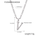 Silver titanium steel necklace featuring a bark-textured letter V pendant and Figaro chain - Letter V (RP004) / Silver