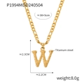 Gold titanium steel Figaro chain necklace featuring a textured letter W pendant and measurements - Letter W (RP004) / Gold