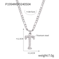 Silver titanium steel letter T necklace with hammer texture on Figaro chain - Letter T (RP004) / Silver