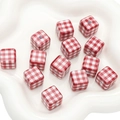 Red and white gingham check acrylic cube beads for DIY handmade phone chain jewelry - Red Plaid / 14x14mm (2 Pieces/Pack)