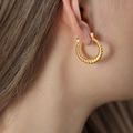 Baroque style vintage golden twisted rope hoop earring in 18k gold plated titanium steel - F1214-Twisted Rope / Gold