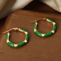 Modern gold-plated titanium earrings with bright green enamel drip glaze design - Green