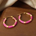 Pink enamel and gold plated stainless steel geometric hoop earrings with wavy texture - Rose Pink