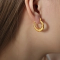 Baroque vintage textured 18k gold plated hoop earrings with embossed relief on model - F1215-Vintage Engraved / Gold