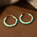 Bamboo-style geometric hoop earrings with light green enamel and 18k gold plating - Sky Blue