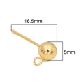 5mm gold plated round bead earring posts with hanging loops and 16.5mm pins for DIY jewelry - Post Thickness Approx. 0.8mm / 18K Gold Plated 16.5mm