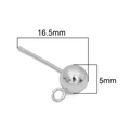 Silver 5mm bead stud earring posts with loop for jewelry DIY making 16.5mm length - Post Thickness Approx. 0.8mm / Platinum Plated 16.5mm