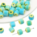 Sky blue cylindrical glass beads with white stripes and yellow pattern for DIY - 8mm (10Pcs/Pack) / Light Blue