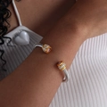 Silver cable cuff bracelet with gold cylinder ends and pink zircon stone accents - Multi-layer Style / Pink Zircon