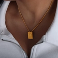 Minimalist gold square pendant necklace with embossed letter D on a fine chain - Letter D Style (P1506-D)