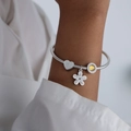 Bracciale a catena serpente d'argento con ciondolo a cuore, fiore e gemma gialla - Stile Cuore e Fiore / Bracciale Rigido Colore Acciaio (Z236)