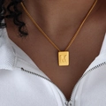 Gold plated square letter M pendant necklace with sleek cross chain for women - Letter M Style (P1506-M)