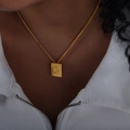 Minimalist 18K gold plated square pendant necklace featuring embossed letter Q design - Letter Q Style (P1506-Q)