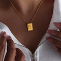 Golden square tag pendant necklace with letter R engraving on a fine chain - Letter R Style (P1506-R)