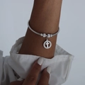 Bracciale a serpente d'argento con perline pavé e ciondolo a croce circolare traforato - Bracciale Rigido Colore Acciaio (Z244)