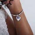 Silbernes Perlenarmband mit Herzanhänger, bösem Blick und funkelnden Zirkoniasteinen - Herz Strahlend Blau Stil (E450-Blau Tropf Stahl)